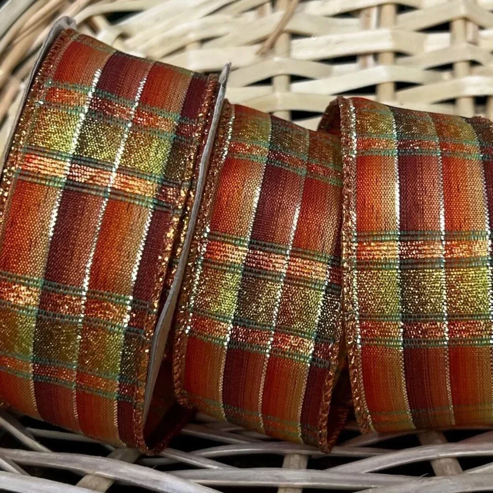 Metallic Orange Plaid Wired Edge Fall Theme Ribbon 1 1/2 in Craft Supplies
